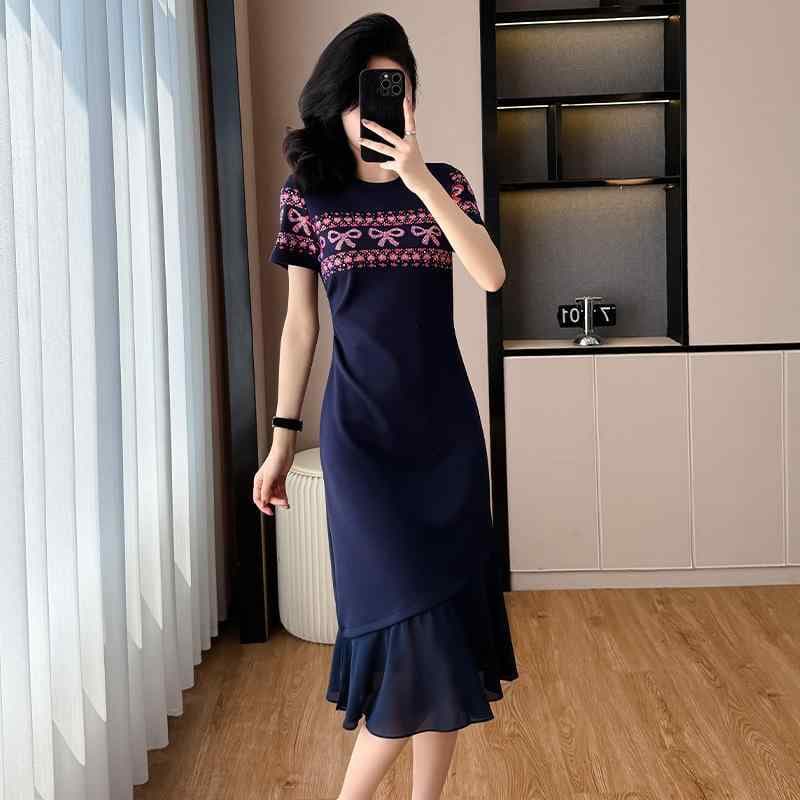 ワンピース レディース 半袖 高腰 魚尾スカート 接触冷感 ポリエステル混紡 藏青色 S M L XL 2XL 3XL 4XL 切り替え 街頭風 きれいめ エレガント