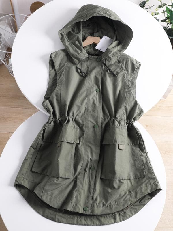 ベスト レディース 春秋 薄手 ゆったり ワーク ミリタリー フード付き 大きめポケット 重ね着 スポーティー カジュアル