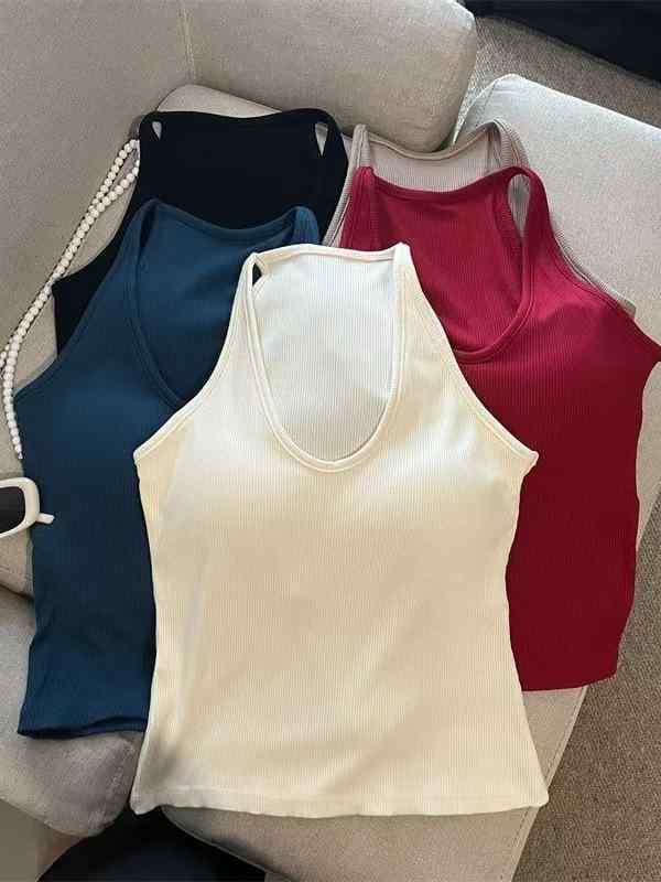 タンクトップ レディース チューブトップ キャミソール 秋冬 胸パッド付き スリムフィット 無地 ショート丈 ホルターネック トップス 韓国風 ブラック ホワイト レッド ブルー カーキ 綿 高弾力