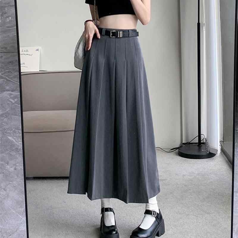 スカート レディース 灰色 百褶スカート ひざ丈 Aライン ポリエステル ウエストベルト付き きれいめ 高見え 通勤
