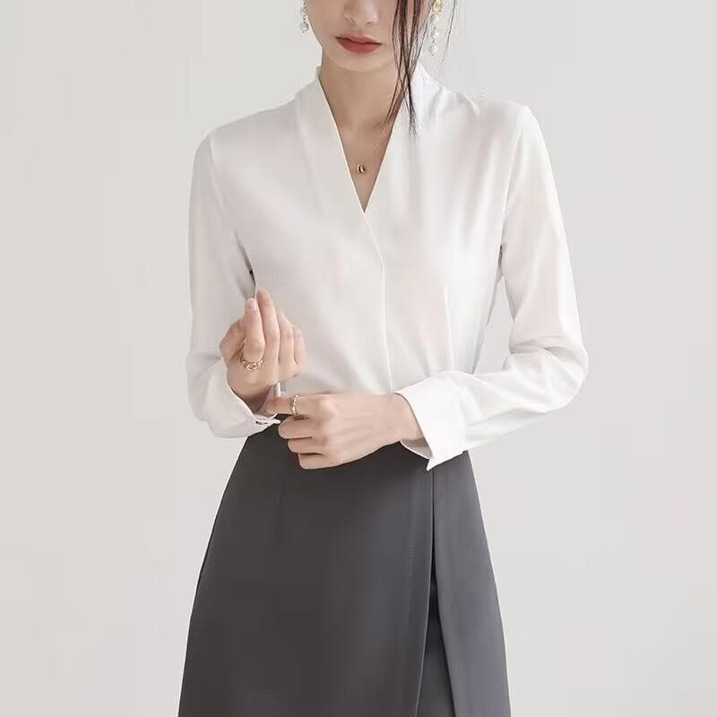 シャツ レディース Vネック 長袖 薄手 ポリエステル オフィス 仕事着 トップス 切り替え 無地 白