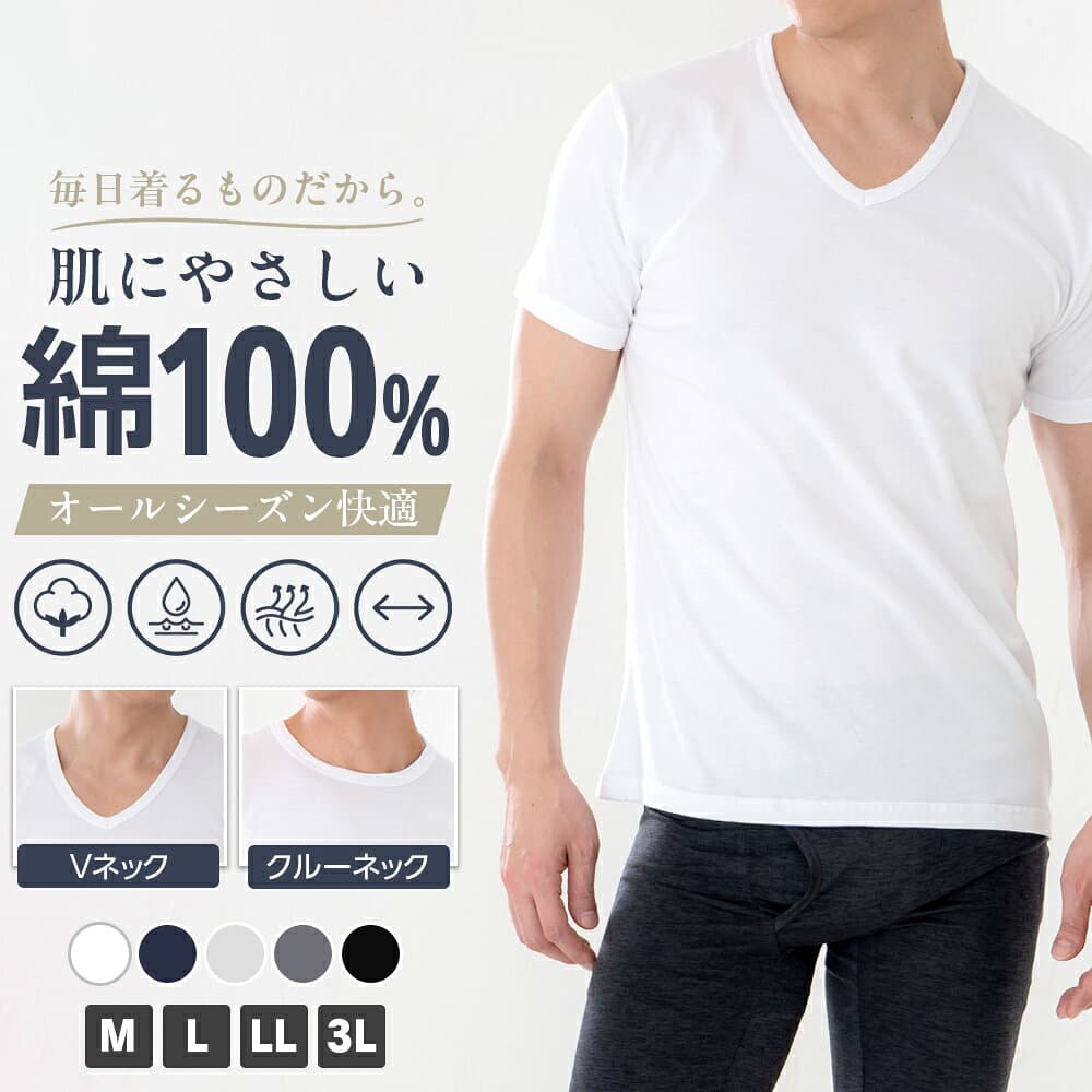＼【特別価格】10月9日 9:59まで／ 【一部予約】綿100％インナー メンズ インナー Vネック クルーネック 半袖 肌着 綿100％ 無地 M L LL 3L 全5色