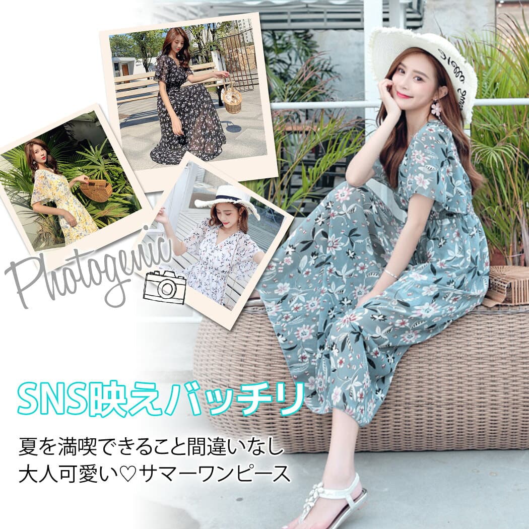 【20％OFFクーポン利用で！2,224円〜！8日限定】リゾートワンピース レディース サマードレス ロング マキシ丈ワンピース バックシャン 夏 半袖 シフォン 透け Aライン 水着の上に着る服 ハワイ 沖縄 旅行用 20代 30代 40代 可愛い お洒落 花柄 シャーリング ふんわり thumbnail 2