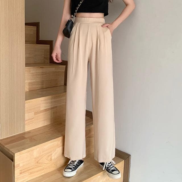 しゃり感 ワイドパンツ ボトムス ロング 大きいサイズ パンツ カラーパンツ スラックス レディース 体型カバー タック パンツ ハイウエスト 春夏 黒 ズボン ストレートパンツ 無地 カジュアル おしゃれ 韓国 thumbnail 2