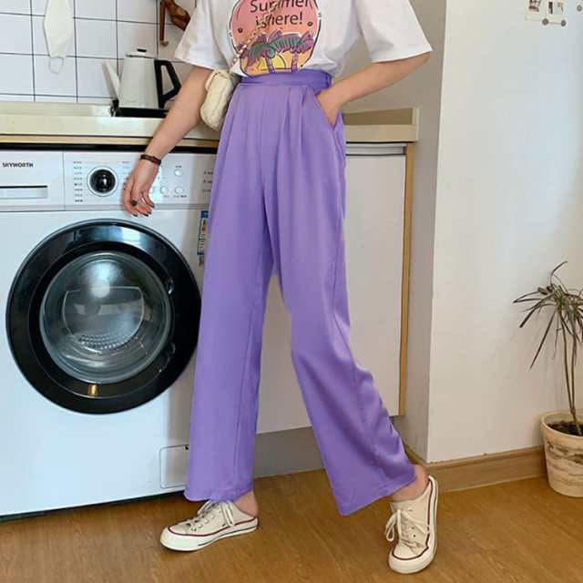 しゃり感 ワイドパンツ ボトムス ロング 大きいサイズ パンツ カラーパンツ スラックス レディース 体型カバー タック パンツ ハイウエスト 春夏 黒 ズボン ストレートパンツ 無地 カジュアル おしゃれ 韓国 thumbnail 3