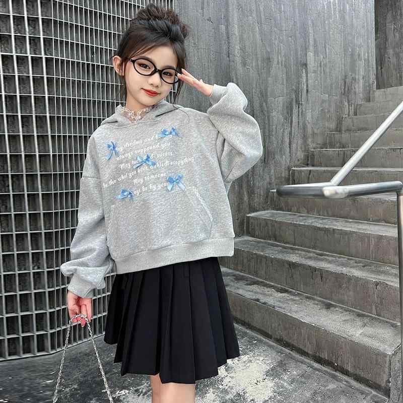 キッズ パーカー 女の子 子供服 スウェット トレーナー 春秋 長袖 蝶結び フード付き 普段着 部屋着 ガールズ 120cm 130cm グレー