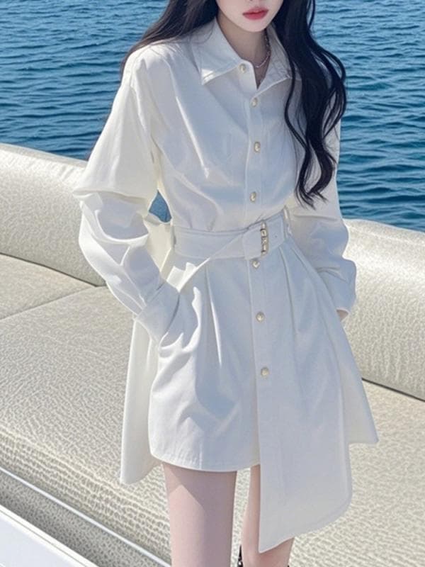 シャツ ワンピース レディース 小柄 高腰 Aライン ポリエステル 長袖 膝丈 切り替え 普段使い デート お出かけ かわいい