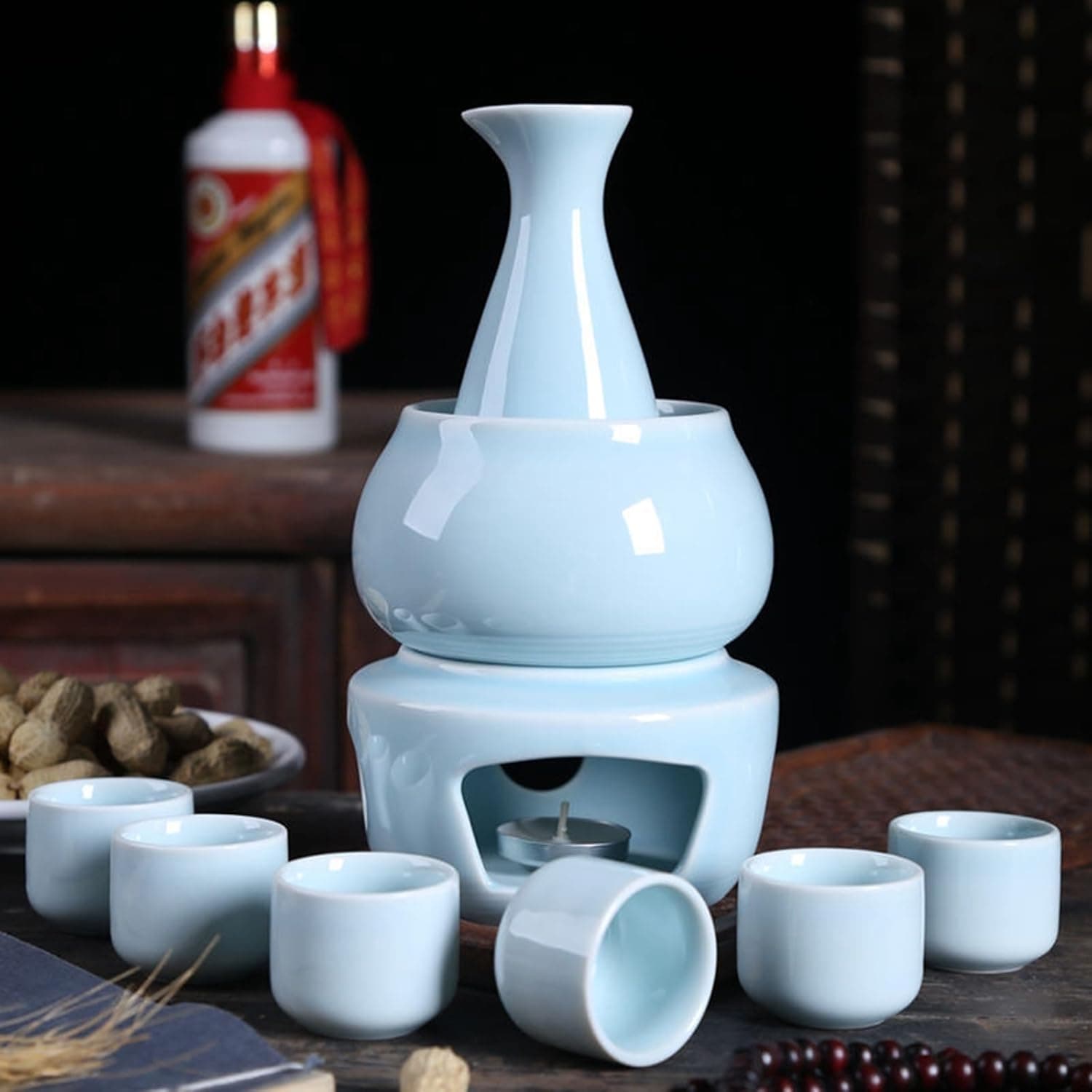 酒器 セット 徳利1個 盃4個 熱燗器1個 キャンドル加熱ベース1個 おちょこ 冷酒器 燗器 燗瓶 熱燗 和酒器 酒器揃 和酒徳利セット 和風 セラミック 退職祝い 花見 居酒屋 家庭用 引っ越し祝