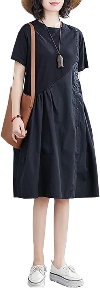 レディース ワンピース Tシャツワンピース 短いワンピース 半袖 クルーネック 夏 膝丈 ポケット付き カジュアル ゆったり スプライシング ファッション 日常着