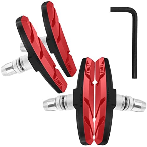 自転車ブレーキシュー Vタイプ ブレーキパッド 全天候型 Vブレーキ 消音 耐久 マウンテンバイク/ロードバイク用 70mm 左右分け設計 六角レンチ付き (標準版-赤(4個))