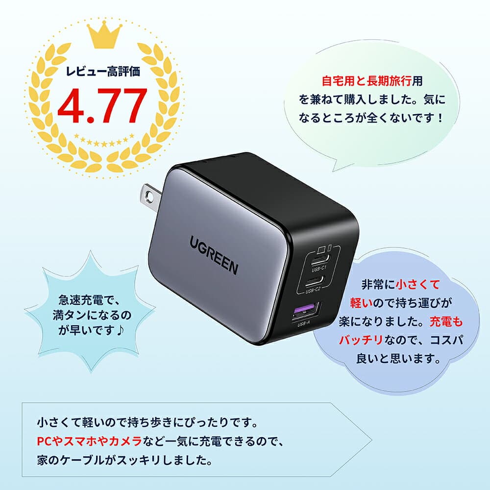 【お買い物マラソン43%OFFクーポン】 UGREEN NexodeX 65W充電器 【当社比最小65W 急速充電器】USB-C*2とUSB-A*1 PD急速充電器 新生代GaNInfinityチップ 独自技術 PD3.0/QC4+対応 PC iPad iPhone17 16 15 Galaxy S24 Pixel8 Xperia5以降対応 Galaxy急速充電45W対応 PSE基準 thumbnail 3