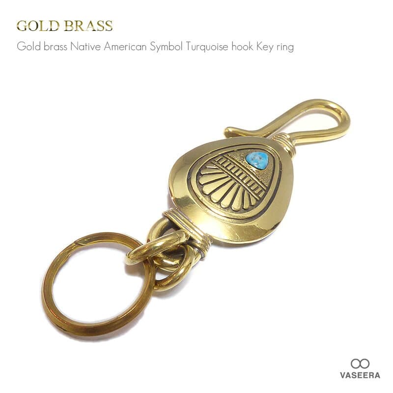 VASEERA -ヴァシーラ- ブラス(真鍮) ネイティブアメリカンシンボル ターコイズ ベルトフック 30mm二重カン付きキーホルダー 【メンズ/キーリング/KRB-062】