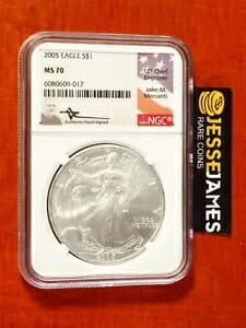 2005 アメリカン シルバー イーグル NGC MS70 ジョン メルカンティ サイン入り美しいコイン ローポップ！