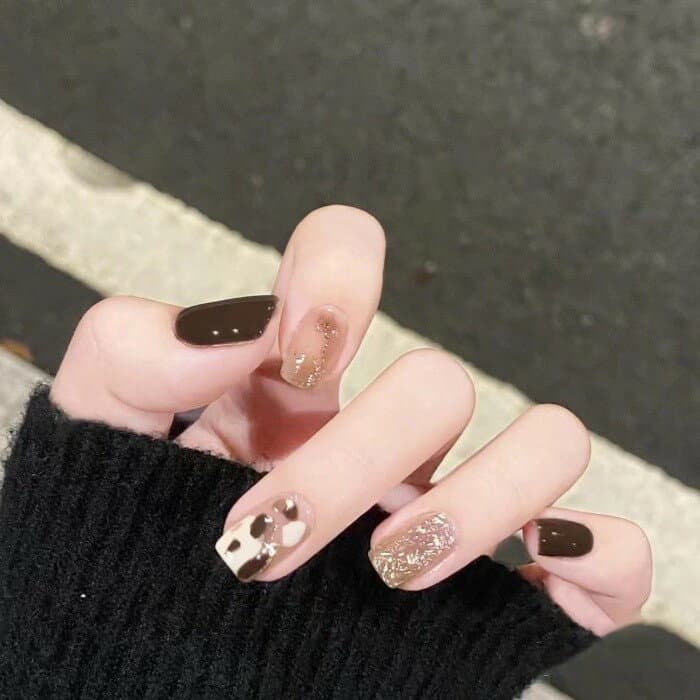 ブラウン系 シャンパンゴールド 付け爪 手描きオーダーメイド 高級感 おしゃれ 辣妹風 ジェルネイル プレステージ プレミアム タイプ m7lc