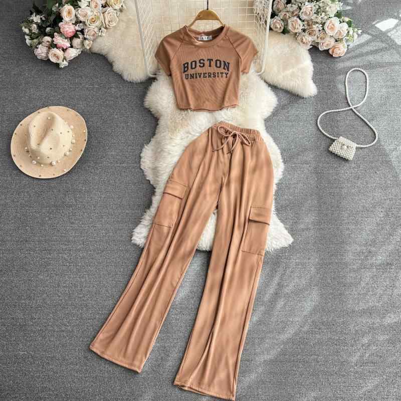 セットアップ レディース クロップ丈 ロゴTシャツ 半袖 ワイドパンツ 2点セット 春夏 カジュアル ワークテイスト 着痩せ効果 ゆったり 体型カバー ポリエステル 普段使い リラックスウェア
