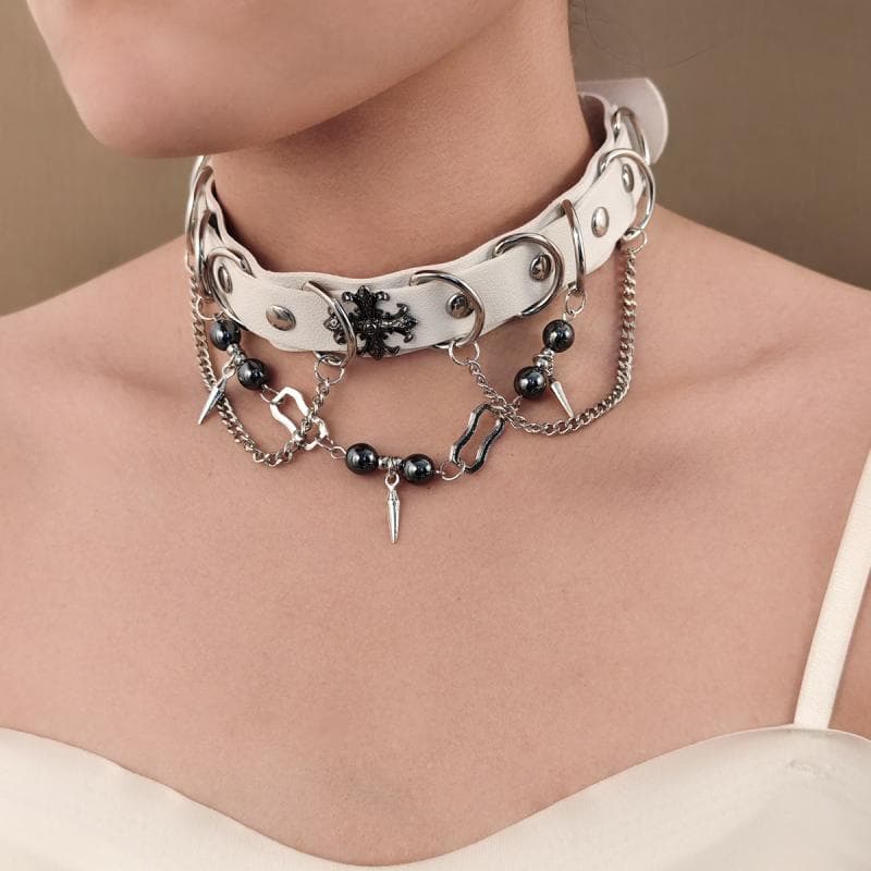 チョーカー レディース ホワイト レザー調 クロス フリンジ レトロ 個性的 クール モード系 スタイリッシュ 普段使い デイリー 鎖骨ネックレス