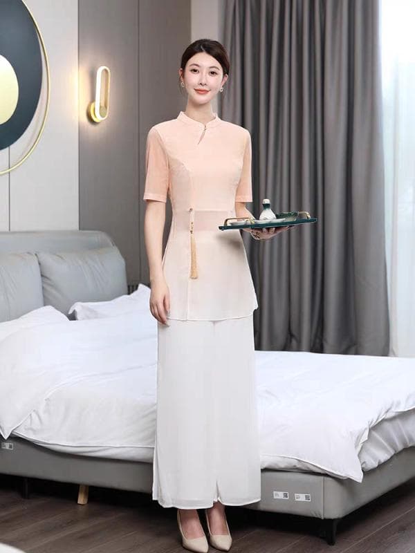 ユニフォーム レディース エステ フットケア リラクゼーション セラピスト 旅館 ホテル スタッフ 中華風 グラデーションプリント 半袖 再生繊維 吸湿速乾 ロングパンツ セットアップ