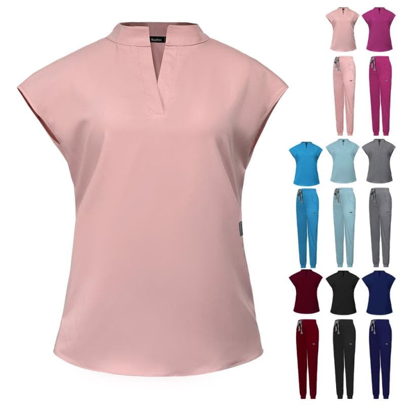 スクラブ レディース 高級感 スタンドカラー ノースリーブ 医療用 美容 歯科 看護 制服 作業服 上下セット 吸湿速乾 ポリエステル スパンデックス 通年