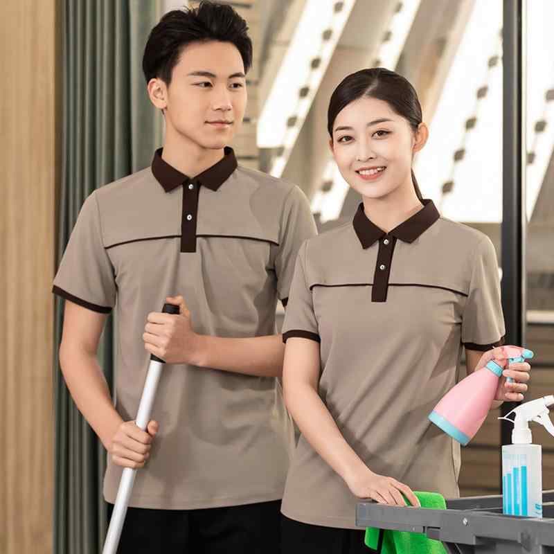 Tシャツ 男女兼用 ユニセックス 清掃作業服 制服 ホテル 旅館 病院 医療機関 商業施設 店舗 家事代行 ハウスクリーニング 防汚 汚れにくい 速乾 綿ポリエステル混紡 半袖 クルーネック 春夏 グレー ブラウン ブルー トップス 作業着