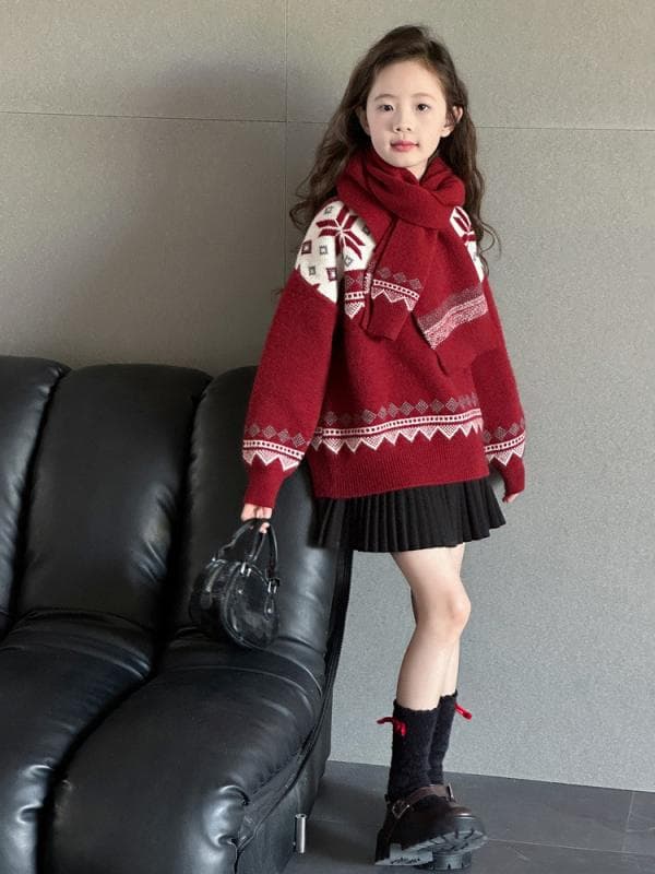 ニット 女の子 女児 中大童 小学生 中学生 クリスマス イベント レッド 赤 秋冬 厚手 暖かい 柔らかな肌触り プルオーバー クルーネック 長袖 カジュアル セーター アクリル