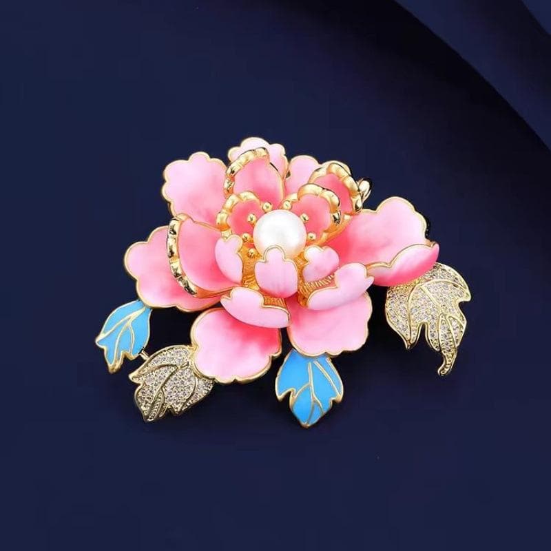 ブローチ レディース 牡丹 立体 フラワー 手描き彩色 中国風 上品 気品 高級感 銅製 ピンク レトロ アンティーク調 エレガント アクセサリー パーティー フォーマル