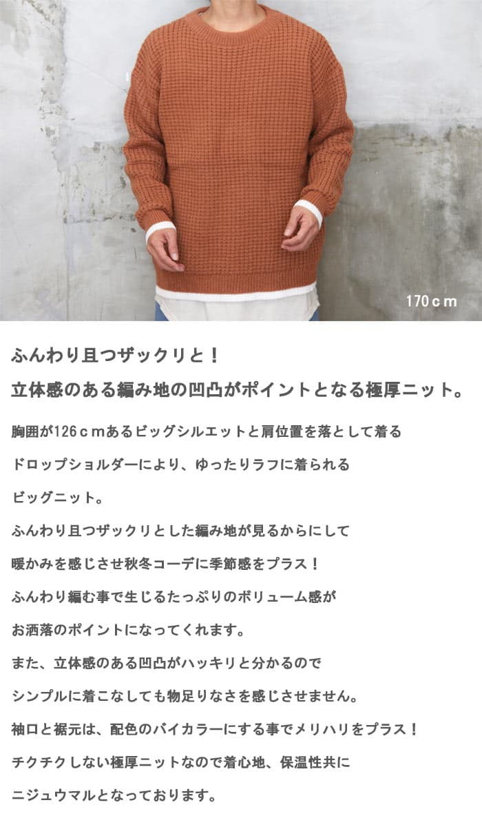 【お買い物マラソン限定｜最大2,000円OFFクーポン】ワッフル編みビッグニット ワッフルニット ビッグニット メンズ ワッフルニット メンズ 極厚ニット 無地ニット メンズ 秋服 メンズ 冬服 メンズファッション ワッフル編みニット ニット バイカラーニット thumbnail 2
