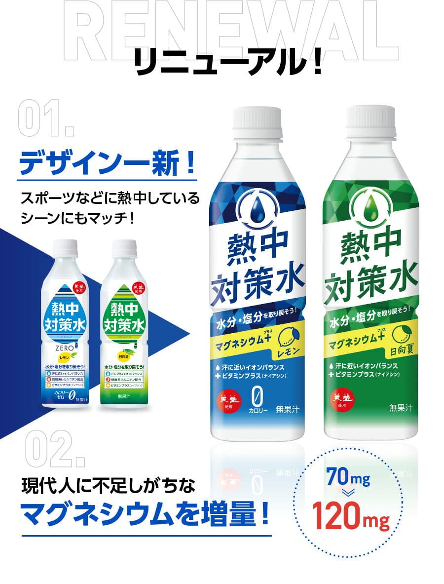 【送料無料 【赤穂化成熱中対策水 1ケース×24本 （レモン味・日向夏味・アセロラ味） 500ml　飲料水 ソフトドリンク 水分補給 夏 暑さ対策 真夏日 thumbnail 2