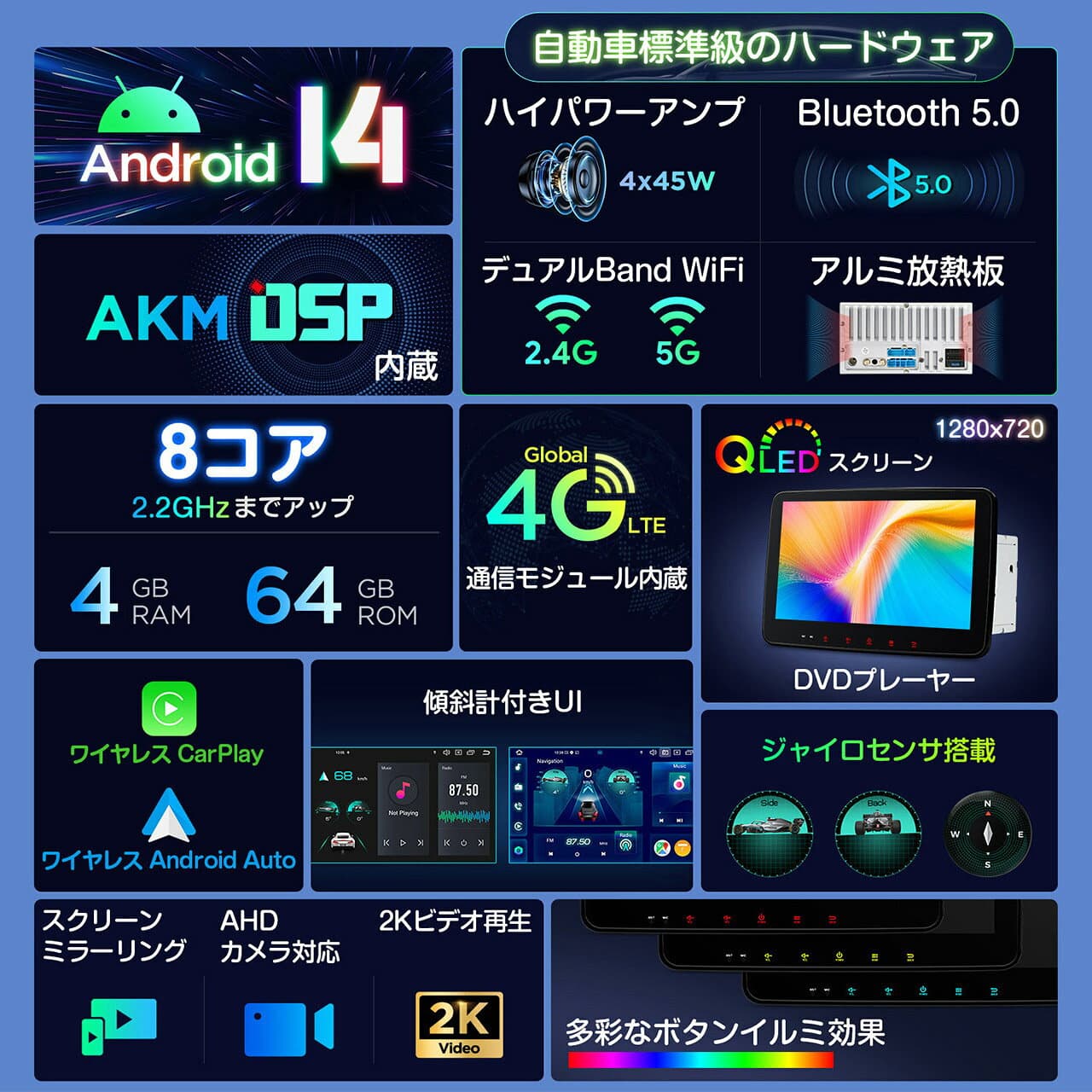 【セール開催中】XTRONS ディスプレイオーディオ カーナビ 2DIN 10.1インチ DVDプレーヤー Android14 ジャイロセンサー搭載 QLED 1280×720高画質 4G通信対応 ワイヤレスCarPlay Android Auto Bluetooth ギボシハーネス付属 配線加工不要 TX123GS+MA-ISO thumbnail 2