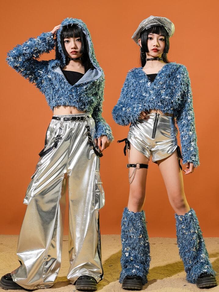 女の子ダンス衣装 子供ダンス上着+パンツセット スパンコールVネックパーカーフード付きトップス 光沢ありパンツ キッズジャズダンス衣装 ヒップホップHIPHOP チアガール衣装 子供セットアップ ステージ衣装 舞台お揃い 団服 演出服 イベント衣装 学園祭 文化祭 合唱