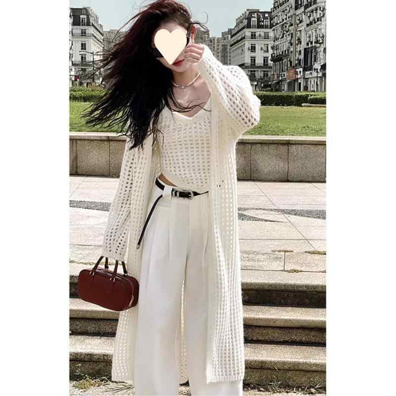 レディース ニット カーディガン ベスト 2点セット レース 透け 中長 トップス 薄手 アウター 高級感 軽量 伸縮性 カジュアル 普段使い
