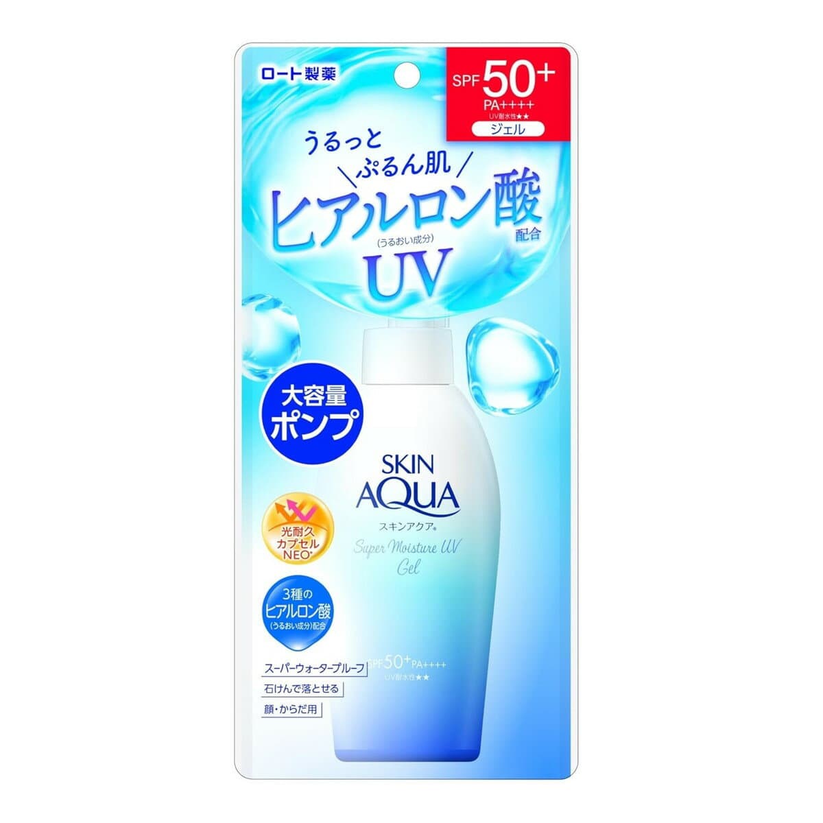 【送料込・まとめ買い×8個セット】ロート製薬 スキンアクア スーパーモイスチャーUVジェル ポンプ 140g 顔・からだ用 スーパーウォータープルーフ SPF50+ PA++++ 日焼け止め