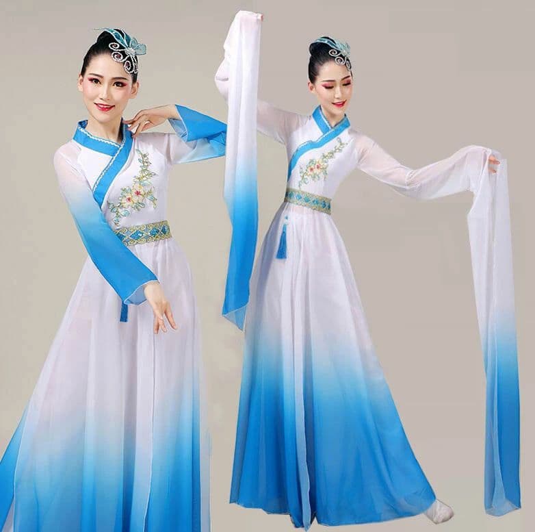 ロングワンピース 花 白青 華流舞台ステージ衣装 中華服 バレエモダンドレス 古典舞踊 中国民族ダンス衣装 レディース 唐装 漢服