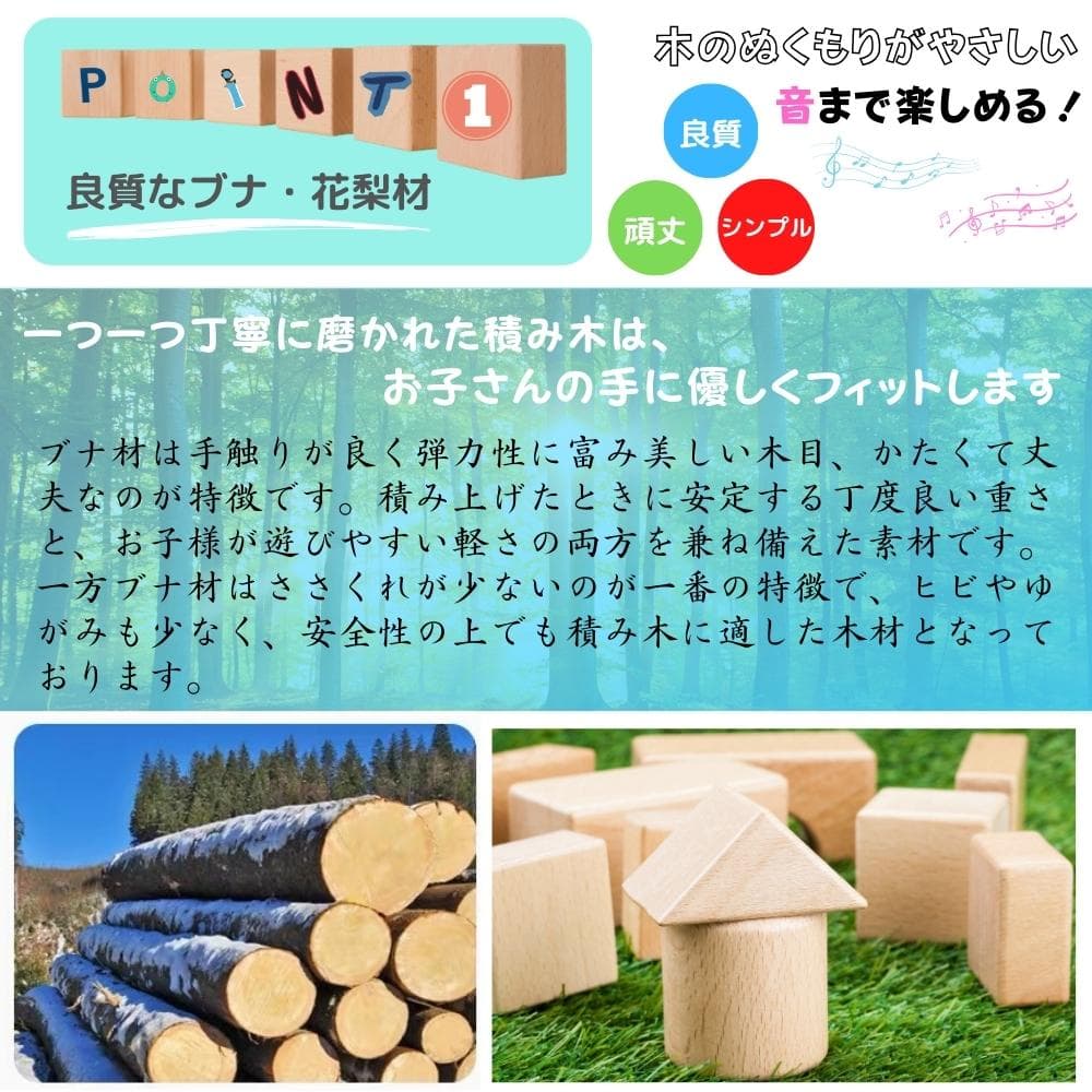 tanoshimu 知育玩具 はじめての 音が鳴る 積み木 音 おもちゃ 木製 ブロック パズル クリスマス プレゼント 女の子 男の子 子供 幼児 1歳半 2歳 3歳 指先 知育 出産祝い 誕生日 入園 祝い 受験 室内 遊び モンテッソーリ教育 無着色 ブナ材 はじめての積み木 42pcs thumbnail 3