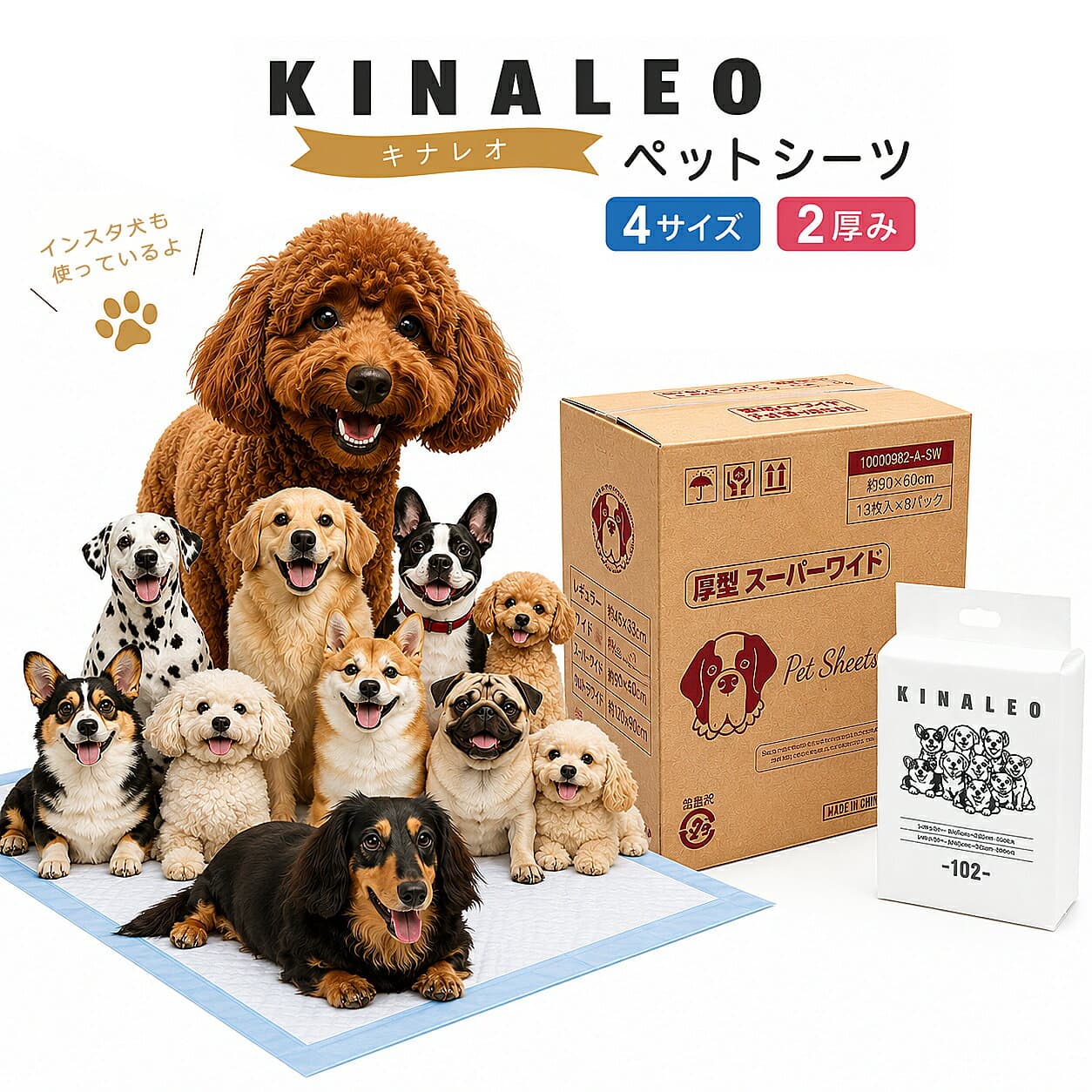【4280円→3980円】4つのサイズと2つの厚み 選べる キナレオ　犬用 トイレシート　薄型レギュラー800枚／薄型ワイド400枚／薄型 スーパーワイド 200枚／厚型レギュラー400枚／厚型ワイド200枚／厚型 スーパーワイド 104枚 /ウルトラワイド/