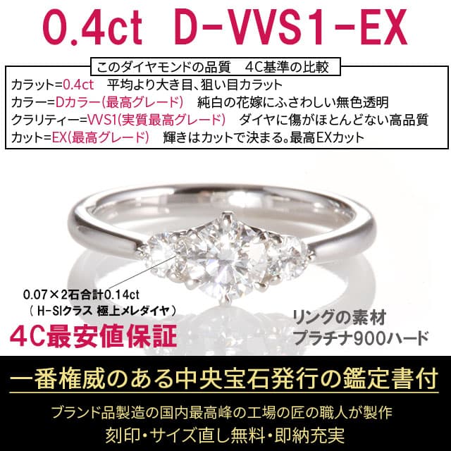 サイドダイヤ付き 【0.4ct D VVS1 EX 】 スリーストーン 婚約指輪 鑑定書付 天然ダイヤモンド プラチナリング 6本爪セッテイング オリジナルデザイン 【4C最安値保証 高評価レビュー5.00】 婚約指輪平均より大粒0.4ct 最高 Dカラー 実質最高VVS1 最高EX プロポーズ thumbnail 3