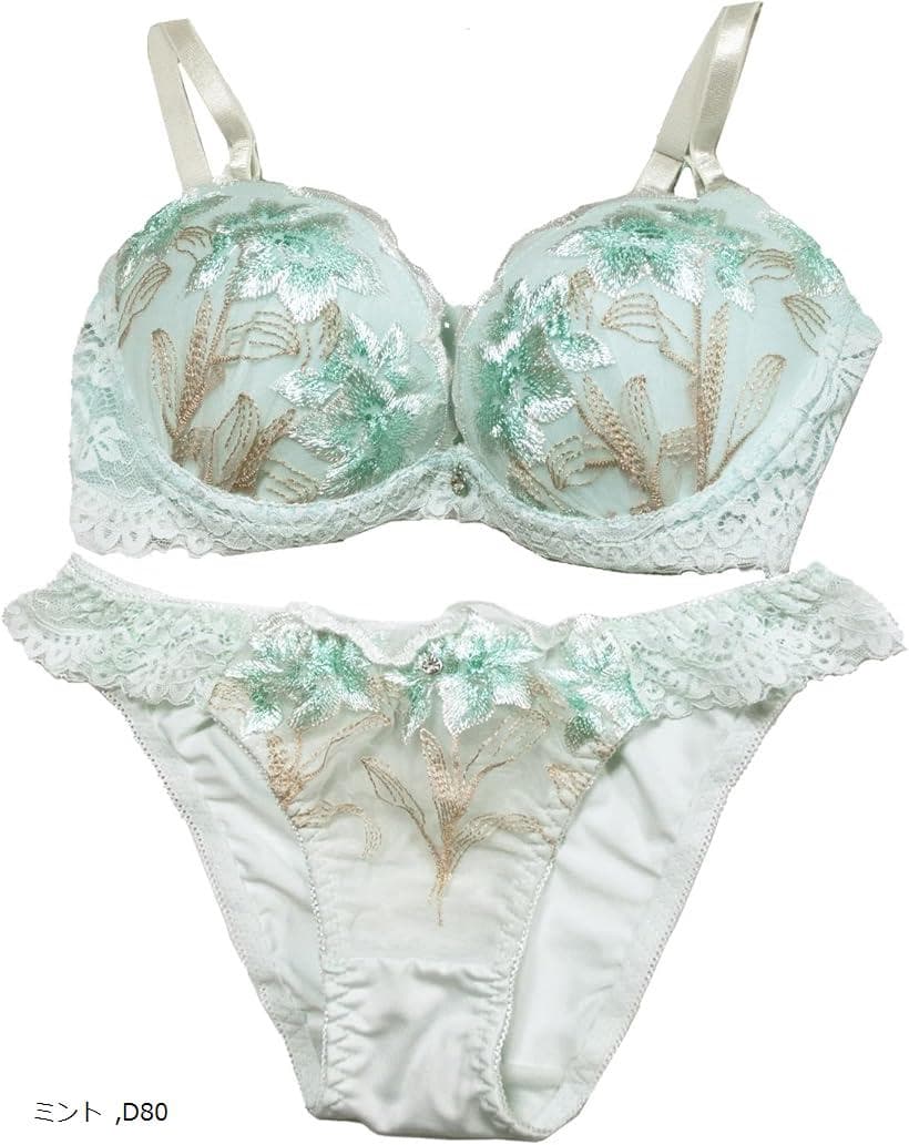 レディース ブラジャー ショーツ セット 女性 下着 花柄 刺繍 ペール フラワー (ミント, D80)