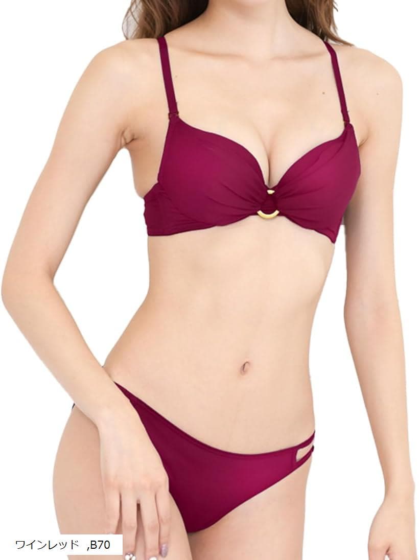 レディース ブラジャー ショーツ 上下セット ブラショーツセット 女性下着 リング 谷間見せ おしゃれ 伸縮性素材 可愛い 脇高 かゆくない しめつけない ひびかない下着 透けないインナー(ワインレッド, B70)