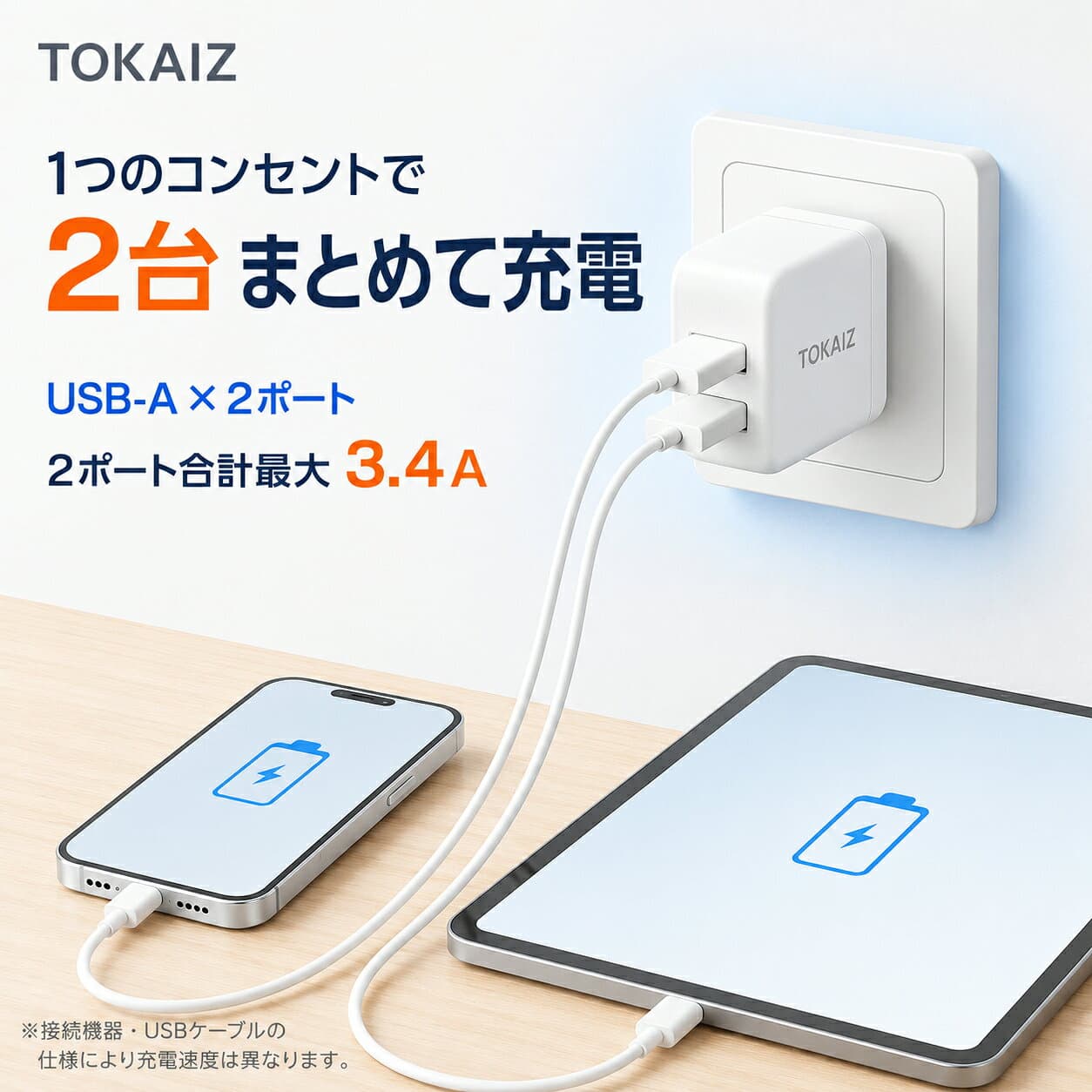 [日本ブランドTOKAIZ] ACアダプター USB充電器 急速充電器 2ポート iphone 充電器 スマホ充電器 合計最大3.4A iPhone Android対応 USB-A 2台同時充電 コンパクト スマートIC 4つの保護機能 PSE適合 家庭用・旅行用 TAC-007 thumbnail 2