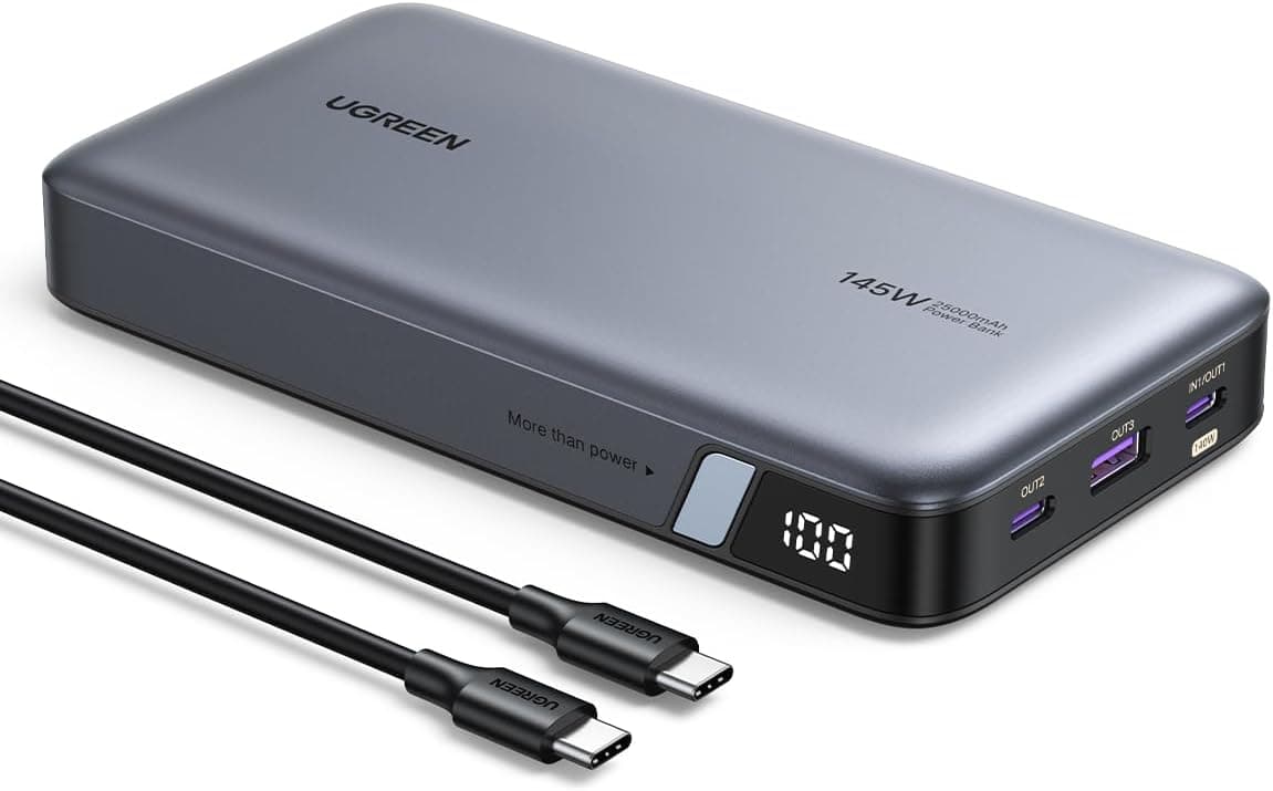 UGREEN PD3.1 モバイルバッテリー 145W高出力 25000mAh大容量 3ポート USB-C×2 USB-A×1 単ポート140W高出力・入力65W対応 パススルー機能 低電流モード搭載 240W USB-Cケーブル付 PSE技術基準適合 MacBook Windows PC iPad Pro iPhone Galaxy Android スマートフォン PB205