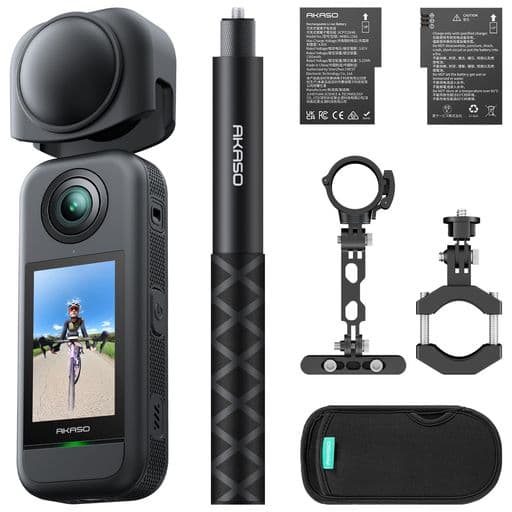 AKASO360バイクキット360度カメラ-アクションカメラ5.7K360度動画72MP360度写真新型1/2インチ48MPセンサー360度水平維持360°スーパースムース安定化機能AI編集見えない自撮り棒2.29”