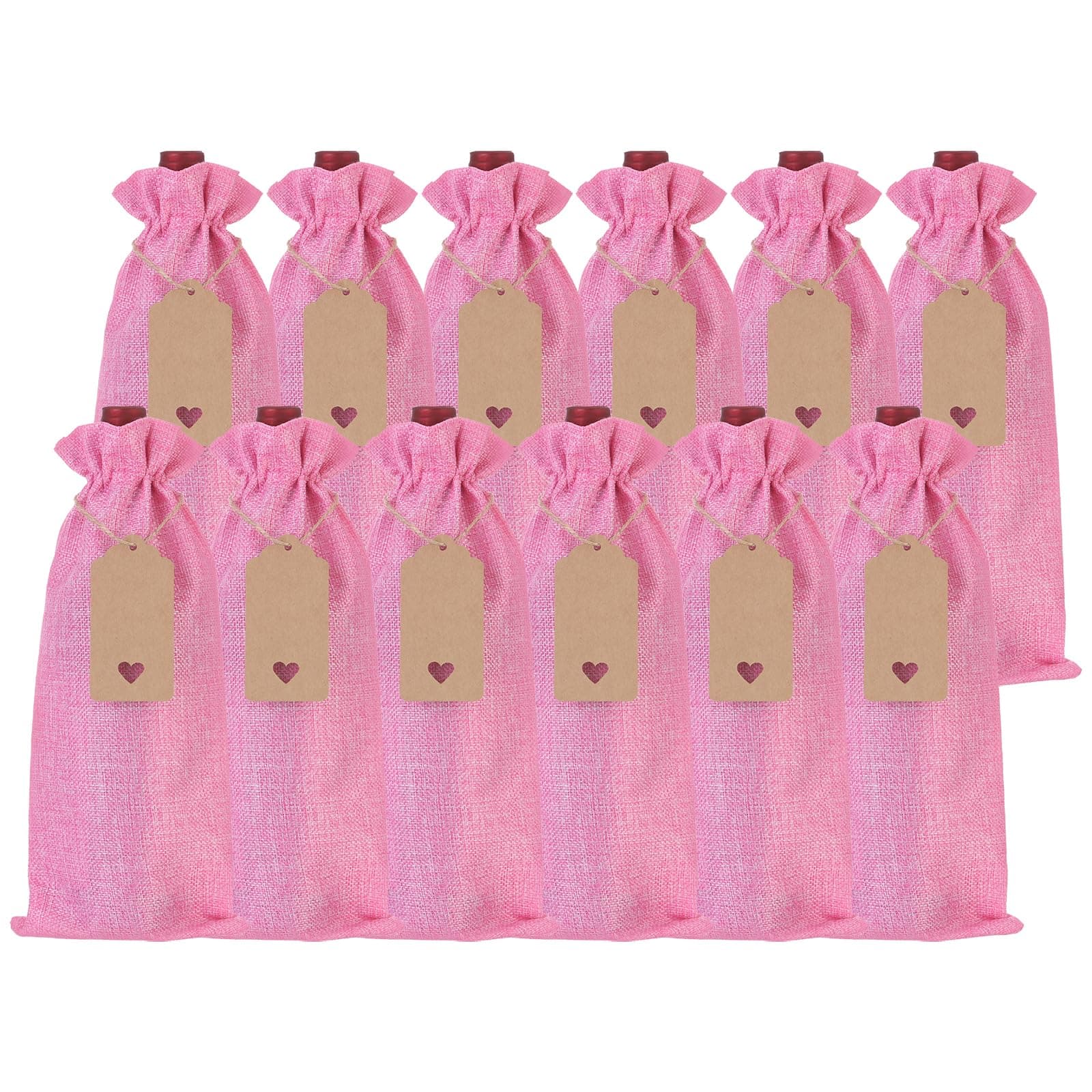 T黄麻布ワインバッグ 再利用可能なワインギフトポーチ 引き紐 タグ ロープ付き 結婚式 誕生日 クリスマス パーティー 自宅保管用ピンク 12個