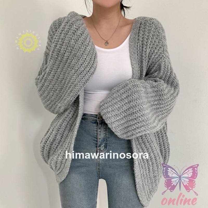 ニット カーディガン レディース トップス セーター 長袖 ショート ぽわん袖 ゆったり カジュアル 無地 春 秋 冬 バルーン袖 ボリューム アウター 韓国風 可愛い