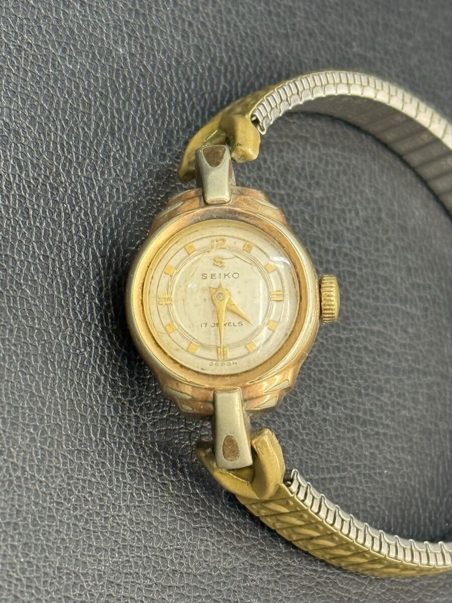 37【稼働品】1円〜 SEIKO セイコー Sマーク 17石 14K GOLD FILLED 金張り アンティーク レディース 手巻き 腕時計 蛇腹ベルト — 1/7