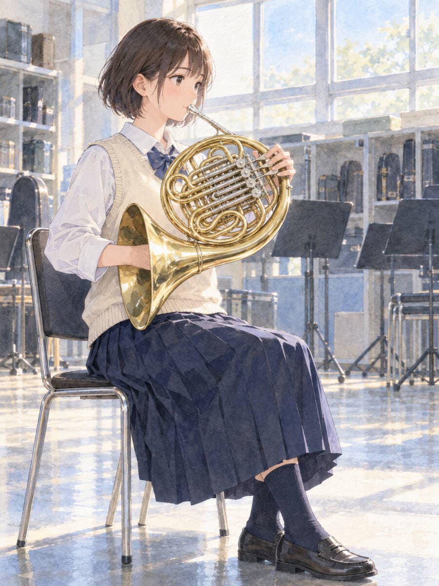 c2324_ショートヘアの人物と金色のホルン 明るい音楽室を描いた透明感ある水彩調アートプリント インテリア装飾 — 1/1