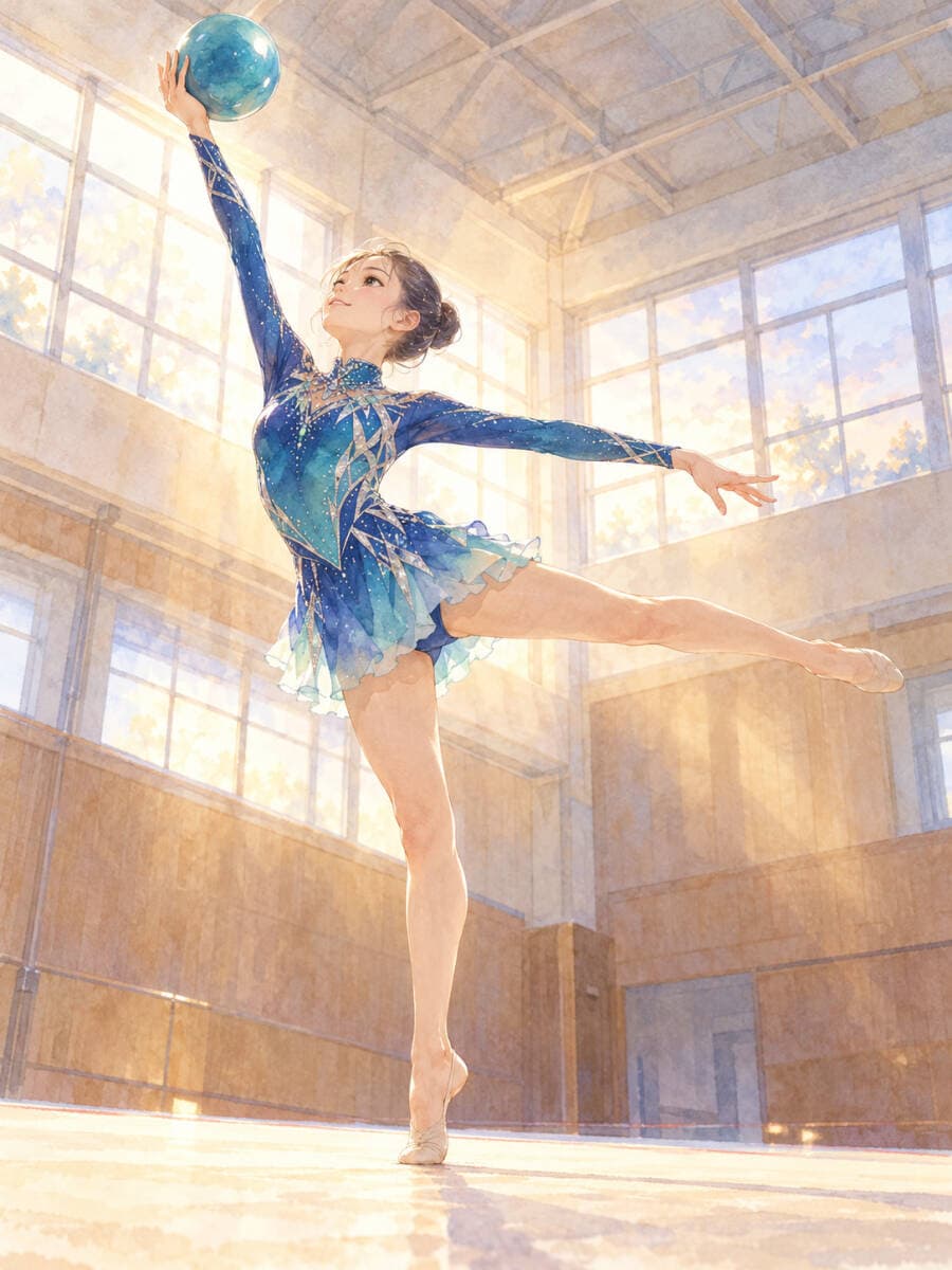 c2326_青い衣装で舞う新体操選手と光あふれる体育館 水彩タッチの幻想的アートプリント インテリア装飾 — 1/1