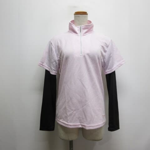 未使用品 ケイパ Kaepa フェイクレイヤード 長袖 ハイネック シャツ M ピンク スポーツウェア ボーダー柄 ハーフジップ レディース — 1/4