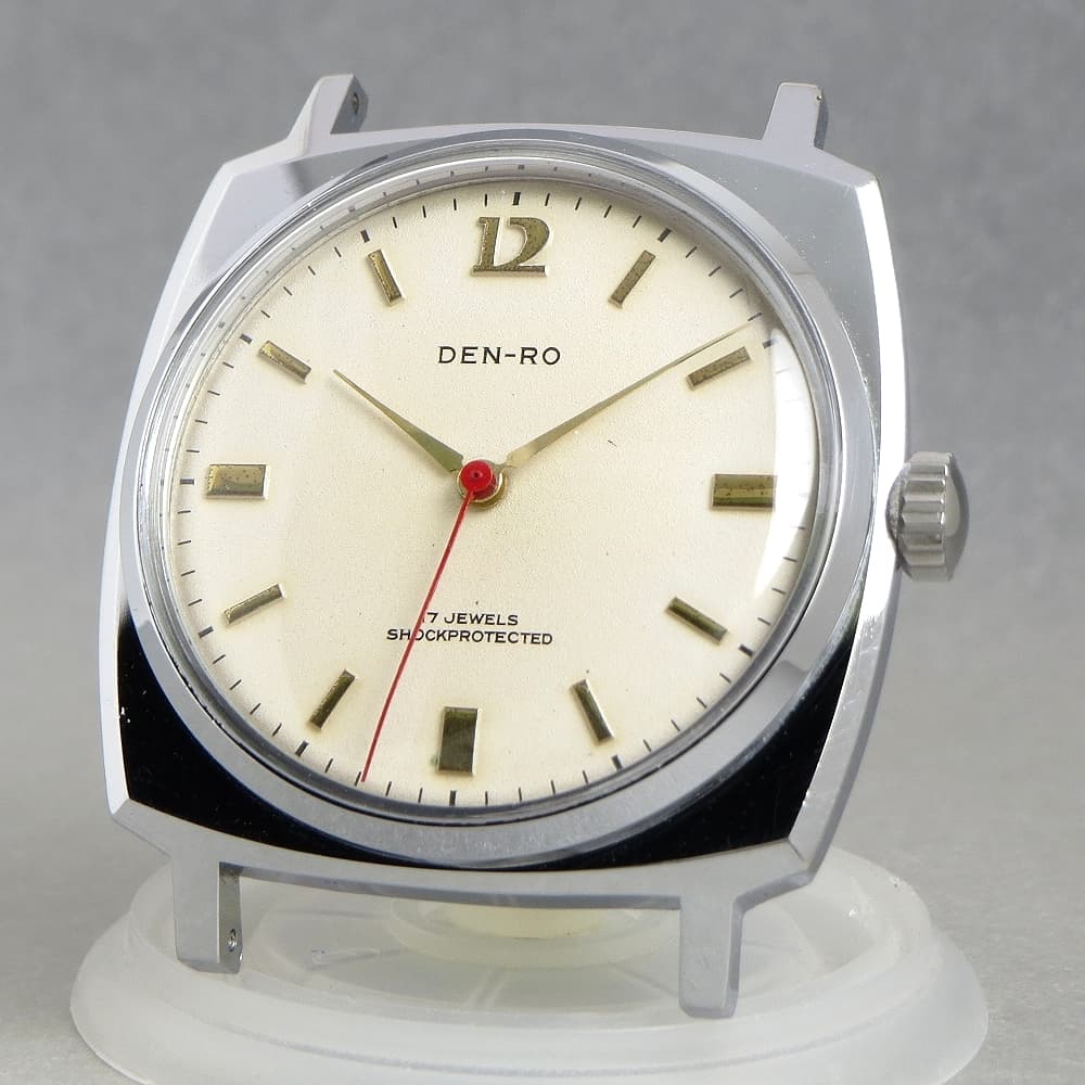 OH済 1950s スイス DEN-RO デンロ 17石 機械式 手巻 腕時計 クッションケース アンティーク チラネジ 耐震有り SWISS MADE — 1/10