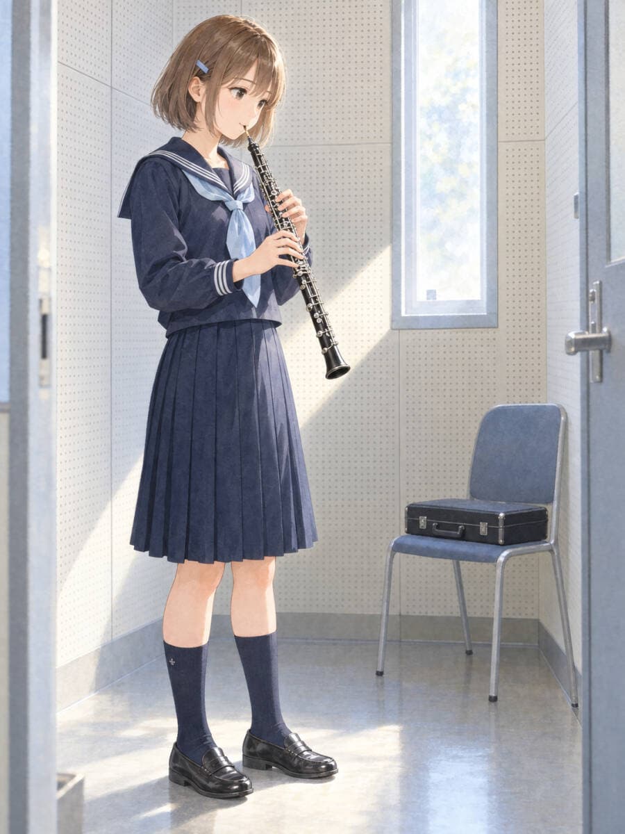 c2318_紺色の制服で木管楽器を奏でる人物と音楽室の柔らかな光を描いた透明感ある水彩調アートプリント インテリア装飾 — 1/1