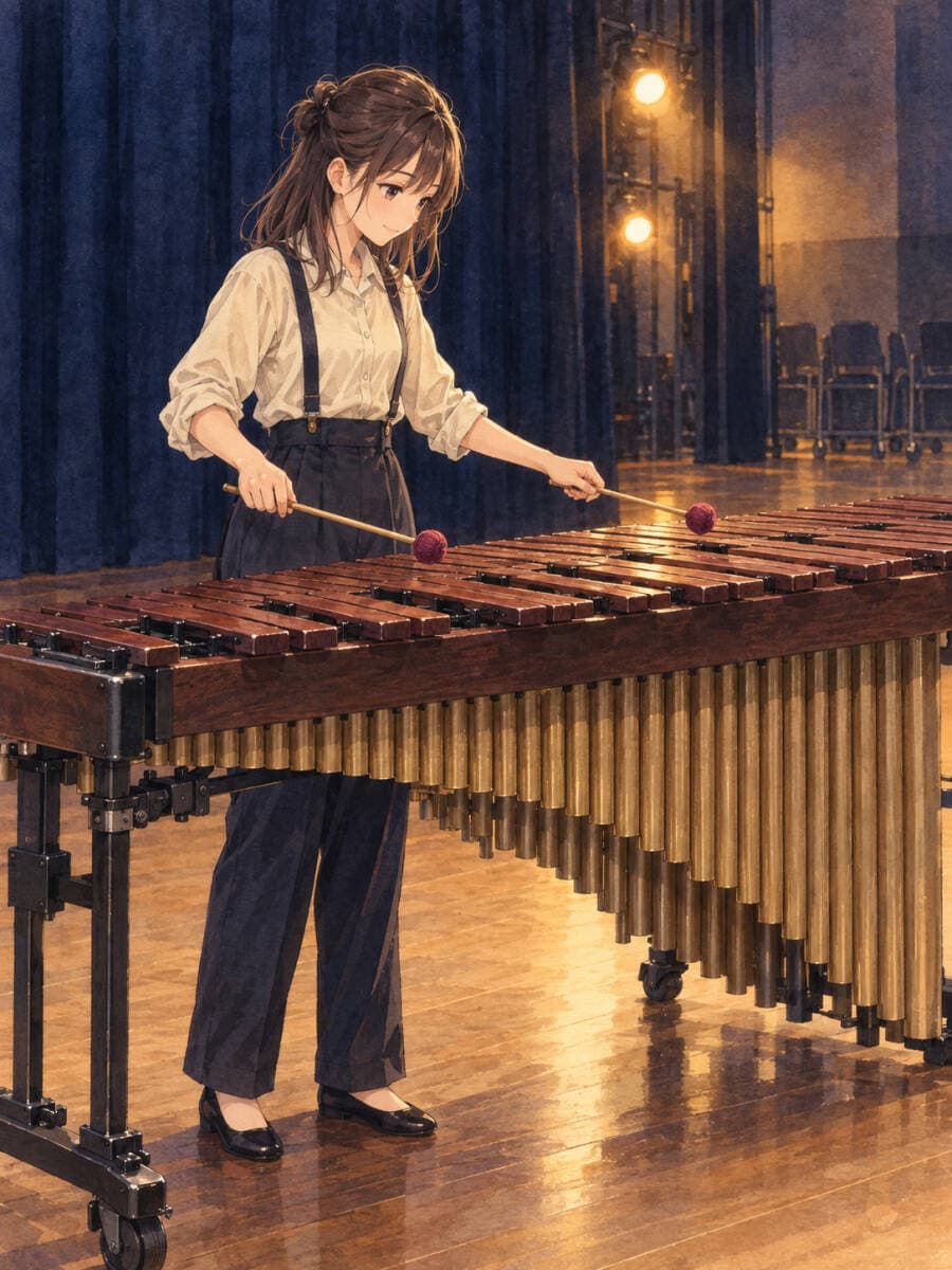 c2319_舞台で木琴を奏でる人物 暖色照明と深い青の幕 水彩タッチの音楽アートプリント インテリア装飾 — 1/1