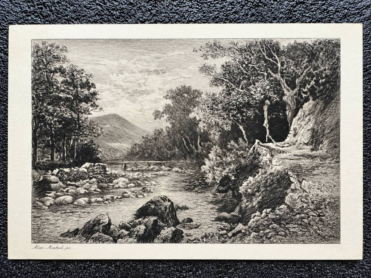 英国19世紀 アンティーク版画 Alexander Ansted エッチング 渓流 山岳 森林風景 Alexr. Ansted sc. 西洋版画 — 1/3